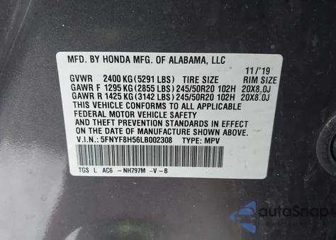 2020 Honda Passport Awd Ex-L from USA, damaged, VIN 5FNYF8H56LB002308